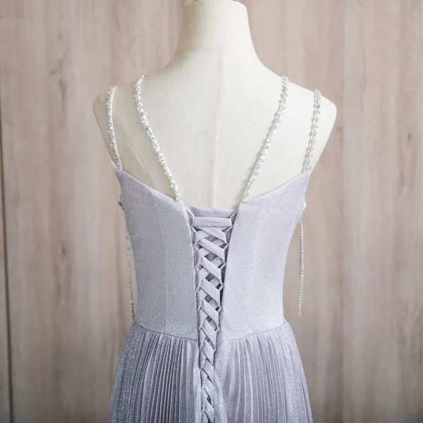 Sexy Lavendel Perlenstickerei Strass Pailletten Ballkleider 2024 A Linie Spaghettiträger Ärmellos Rückenfreies Lange Ball Festliche Kleider