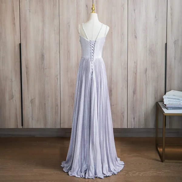 Sexy Lavendel Perlenstickerei Strass Pailletten Ballkleider 2024 A Linie Spaghettiträger Ärmellos Rückenfreies Lange Ball Festliche Kleider