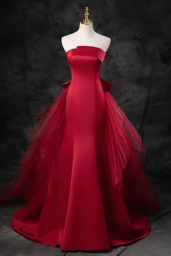 Charmant Bordeaux Satin Robe De Soirée 2023 Trompette / Sirène Bustier Sans Manches Dos Nu Noeud Train De Balayage Soirée Robe De Ceremonie