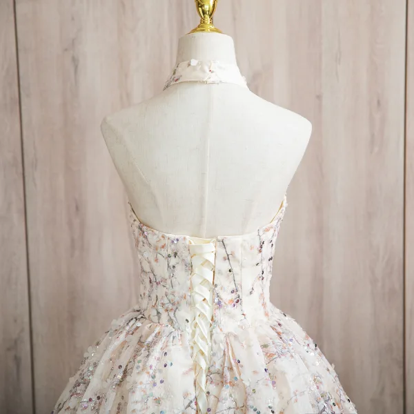 Fashion Champagne Beading Sequins Prom Dresses 2024 Ball Gown High Neck Sleeveless Backless Floor-Length / Long Prom Formal Dresses