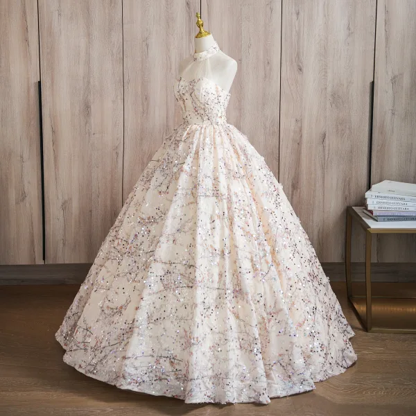 Fashion Champagne Beading Sequins Prom Dresses 2024 Ball Gown High Neck Sleeveless Backless Floor-Length / Long Prom Formal Dresses
