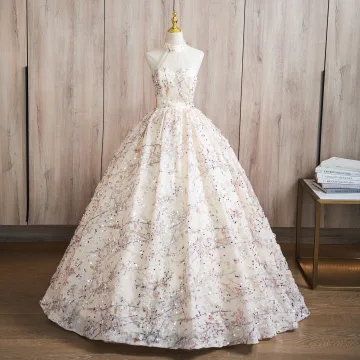 Fashion Champagne Beading Sequins Prom Dresses 2024 Ball Gown High Neck Sleeveless Backless Floor Length Long Prom Formal Dresses