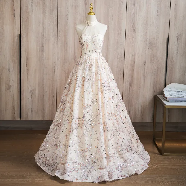 Fashion Champagne Beading Sequins Prom Dresses 2024 Ball Gown High Neck Sleeveless Backless Floor-Length / Long Prom Formal Dresses