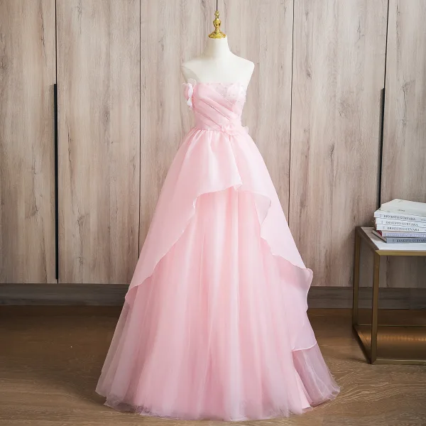 Elegant Blushing Pink Pearl Appliques Cascading Ruffles Prom Dresses 2024 Ball Gown Strapless Sleeveless Backless Floor-Length / Long Prom Formal Dresses