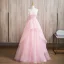 Elegant Blushing Pink Pearl Appliques Cascading Ruffles Prom Dresses 2024 Ball Gown Strapless Sleeveless Backless Floor-Length / Long Prom Formal Dresses