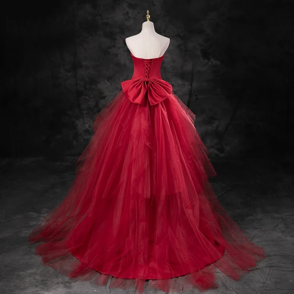 Charmant Bordeaux Satin Robe De Soirée 2023 Trompette / Sirène Bustier Sans Manches Dos Nu Noeud Train De Balayage Soirée Robe De Ceremonie