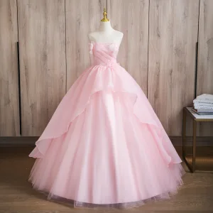 Élégant Rougissant Rose Perle Appliques Volants En Cascade Robe De Bal 2024 Robe Boule Bustier Sans Manches Dos Nu Longue Promo Robe De Ceremonie