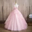 Elegant Blushing Pink Pearl Appliques Cascading Ruffles Prom Dresses 2024 Ball Gown Strapless Sleeveless Backless Floor-Length / Long Prom Formal Dresses