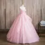 Elegant Blushing Pink Pearl Appliques Cascading Ruffles Prom Dresses 2024 Ball Gown Strapless Sleeveless Backless Floor-Length / Long Prom Formal Dresses