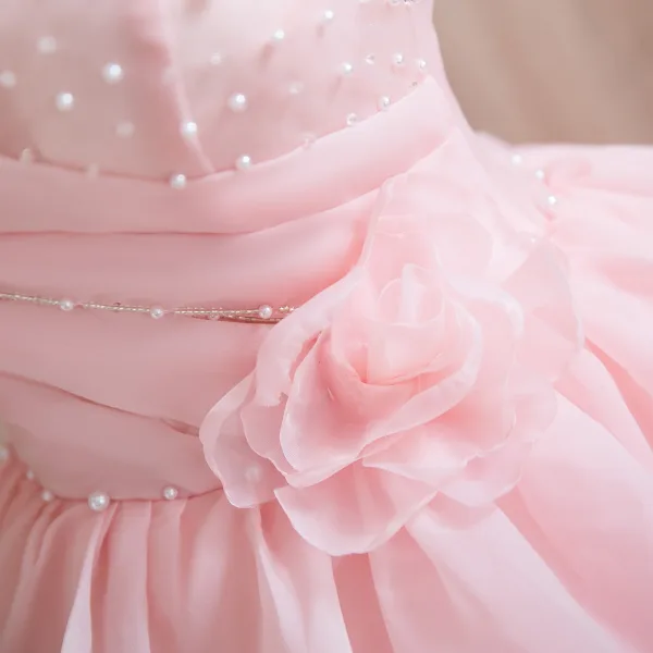 Elegant Blushing Pink Pearl Appliques Cascading Ruffles Prom Dresses 2024 Ball Gown Strapless Sleeveless Backless Floor-Length / Long Prom Formal Dresses