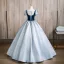 Elegant Sky Blue Beading Satin Prom Dresses 2024 Ball Gown Square Neckline Short Sleeve Backless Floor-Length / Long Prom Formal Dresses