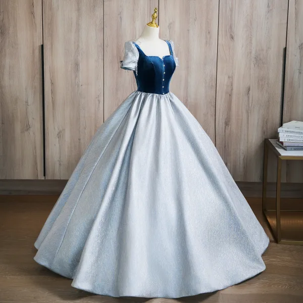 Elegant Sky Blue Beading Satin Prom Dresses 2024 Ball Gown Square Neckline Short Sleeve Backless Floor-Length / Long Prom Formal Dresses