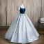 Elegant Sky Blue Beading Satin Prom Dresses 2024 Ball Gown Square Neckline Short Sleeve Backless Floor-Length / Long Prom Formal Dresses