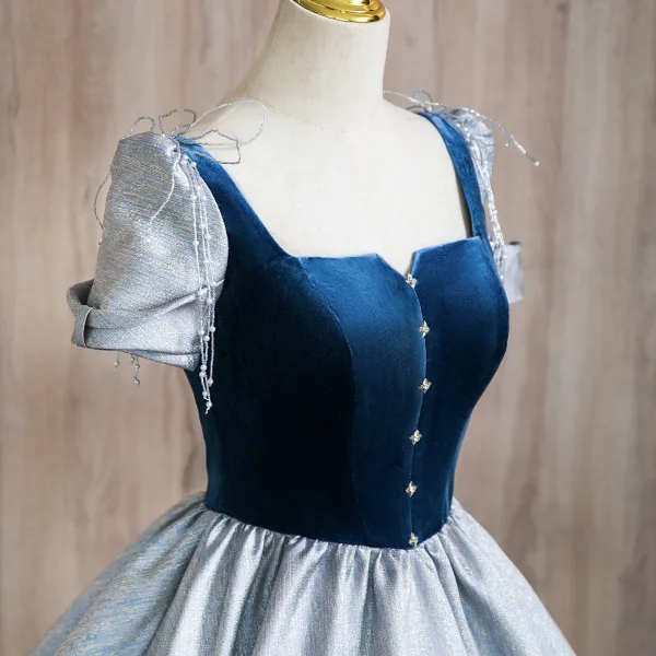 Elegant Sky Blue Beading Satin Prom Dresses 2024 Ball Gown Square Neckline Short Sleeve Backless Floor-Length / Long Prom Formal Dresses
