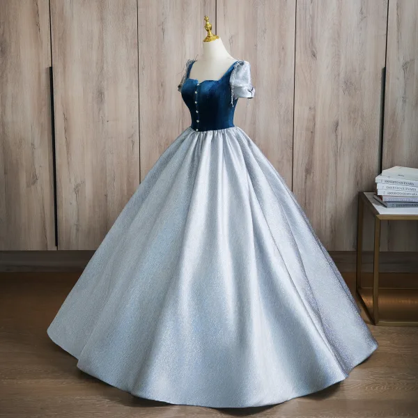 Elegant Sky Blue Beading Satin Prom Dresses 2024 Ball Gown Square Neckline Short Sleeve Backless Floor-Length / Long Prom Formal Dresses
