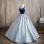 Elegant Sky Blue Beading Satin Prom Dresses 2024 Ball Gown Square Neckline Short Sleeve Backless Floor-Length / Long Prom Formal Dresses