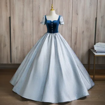 Élégant Bleu Ciel Perlage Satin Robe De Bal 2024 Robe Boule Encolure Carrée Manches Courtes Dos Nu Longue Promo Robe De Ceremonie