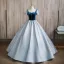 Elegant Sky Blue Beading Satin Prom Dresses 2024 Ball Gown Square Neckline Short Sleeve Backless Floor-Length / Long Prom Formal Dresses