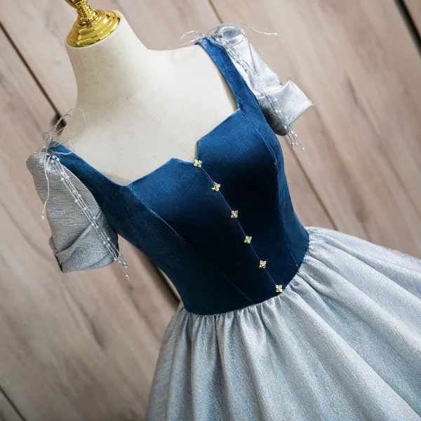 Elegant Sky Blue Beading Satin Prom Dresses 2024 Ball Gown Square Neckline Short Sleeve Backless Floor-Length / Long Prom Formal Dresses