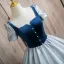 Elegant Sky Blue Beading Satin Prom Dresses 2024 Ball Gown Square Neckline Short Sleeve Backless Floor-Length / Long Prom Formal Dresses