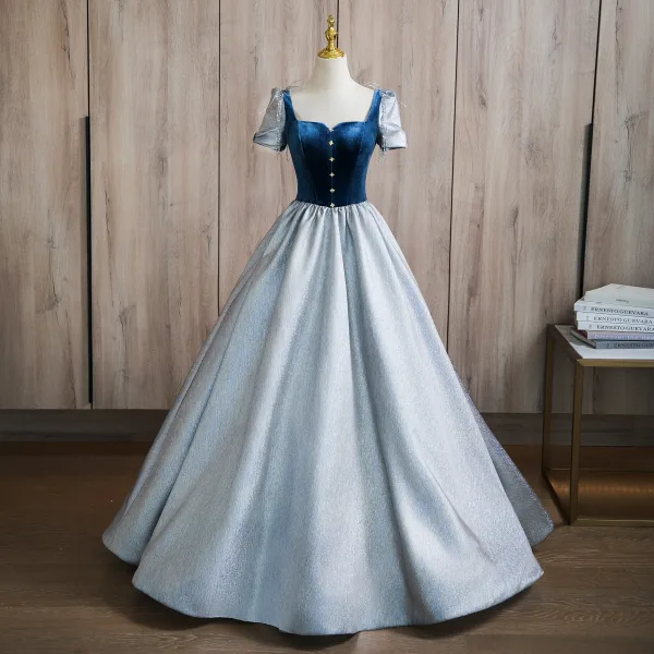 Elegant Sky Blue Beading Satin Prom Dresses 2024 Ball Gown Square Neckline Short Sleeve Backless Floor-Length / Long Prom Formal Dresses