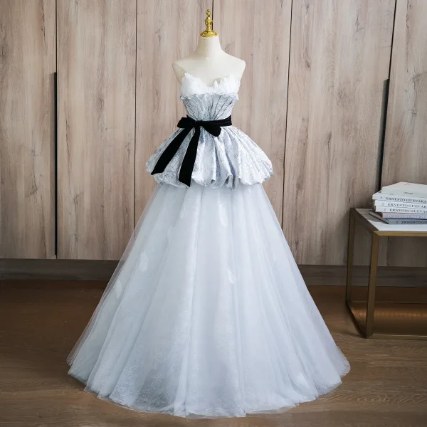 Fashion Silver Grey Glitter Prom Dresses 2024 Ball Gown Strapless Sleeveless Backless Bow Sash Floor-Length / Long Prom Formal Dresses
