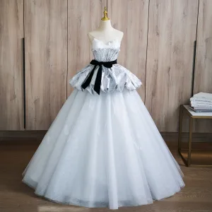 Mote Sølv Grå Glitter Ballkjoler 2024 Ballkjole Strapless Uten Ermer Ryggløse Sløyfe Sash Lange Ball Formelle Kjoler