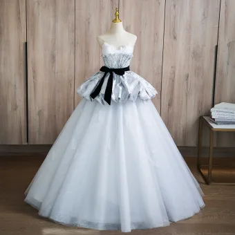 Fashion Silver Grey Glitter Prom Dresses 2024 Ball Gown Strapless Sleeveless Backless Bow Sash Floor Length Long Prom Formal Dresses