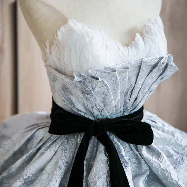 Fashion Silver Grey Glitter Prom Dresses 2024 Ball Gown Strapless Sleeveless Backless Bow Sash Floor-Length / Long Prom Formal Dresses