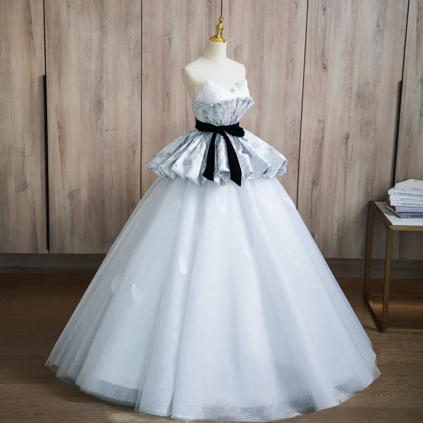Fashion Silver Grey Glitter Prom Dresses 2024 Ball Gown Strapless Sleeveless Backless Bow Sash Floor-Length / Long Prom Formal Dresses