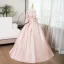 Elegant Blushing Pink Pearl Lace Flower Prom Dresses 2024 Satin Ball Gown Scoop Neck Bell sleeves Backless Floor-Length / Long Prom Formal Dresses