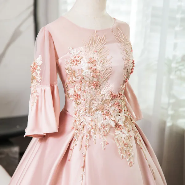 Elegant Blushing Pink Pearl Lace Flower Prom Dresses 2024 Satin Ball Gown Scoop Neck Bell sleeves Backless Floor-Length / Long Prom Formal Dresses