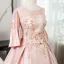 Elegant Blushing Pink Pearl Lace Flower Prom Dresses 2024 Satin Ball Gown Scoop Neck Bell sleeves Backless Floor-Length / Long Prom Formal Dresses
