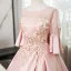 Elegant Blushing Pink Pearl Lace Flower Prom Dresses 2024 Satin Ball Gown Scoop Neck Bell sleeves Backless Floor-Length / Long Prom Formal Dresses
