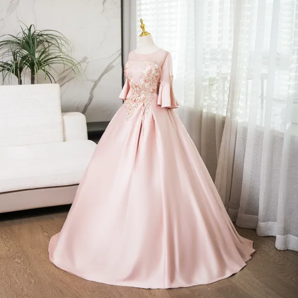 Elegant Blushing Pink Pearl Lace Flower Prom Dresses 2024 Satin Ball Gown Scoop Neck Bell sleeves Backless Floor-Length / Long Prom Formal Dresses