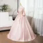 Elegant Blushing Pink Pearl Lace Flower Prom Dresses 2024 Satin Ball Gown Scoop Neck Bell sleeves Backless Floor-Length / Long Prom Formal Dresses