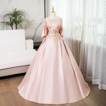 Élégant Rougissant Rose Perle En Dentelle Fleur Robe De Bal 2024 Satin Robe Boule Encolure Dégagée Manches De Cloche Dos Nu Longue Promo Robe De Ceremonie