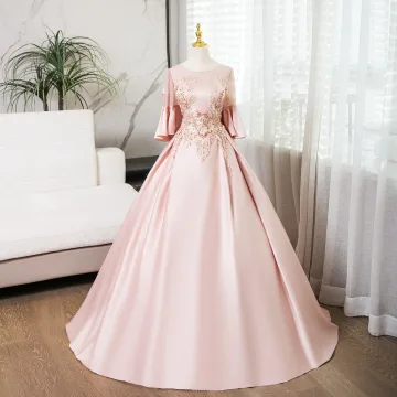 Elegant Blushing Pink Pearl Lace Flower Prom Dresses 2024 Satin Ball Gown Scoop Neck Bell Sleeves Backless Floor Length Long Prom Formal Dresses