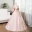 Elegant Blushing Pink Pearl Lace Flower Prom Dresses 2024 Satin Ball Gown Scoop Neck Bell sleeves Backless Floor-Length / Long Prom Formal Dresses
