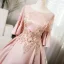 Elegant Blushing Pink Pearl Lace Flower Prom Dresses 2024 Satin Ball Gown Scoop Neck Bell sleeves Backless Floor-Length / Long Prom Formal Dresses