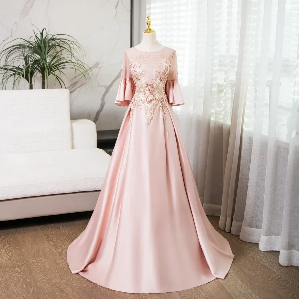 Elegant Blushing Pink Pearl Lace Flower Prom Dresses 2024 Satin Ball Gown Scoop Neck Bell sleeves Backless Floor-Length / Long Prom Formal Dresses