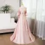 Elegant Blushing Pink Pearl Lace Flower Prom Dresses 2024 Satin Ball Gown Scoop Neck Bell sleeves Backless Floor-Length / Long Prom Formal Dresses