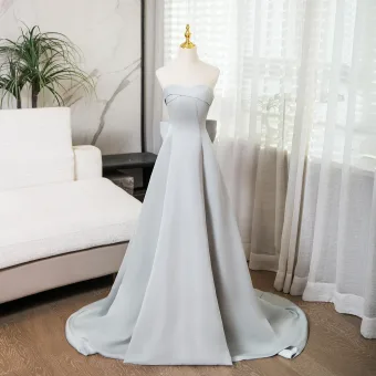 Chic Beautiful Grey A Line Princess Prom Dresses 2024 Strapless Sleeveless Backless Bow Sweep Train Prom Formal Dresses