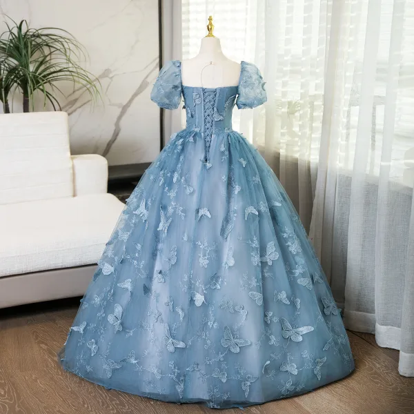 Elegant Pool Blue Lace Butterfly Prom Dresses 2024 Ball Gown Square Neckline Puffy Short Sleeve Backless Floor-Length / Long Prom Formal Dresses