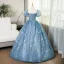 Elegant Pool Blue Lace Butterfly Prom Dresses 2024 Ball Gown Square Neckline Puffy Short Sleeve Backless Floor-Length / Long Prom Formal Dresses
