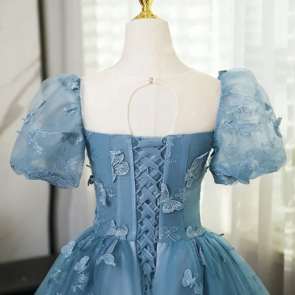 Elegant Pool Blue Lace Butterfly Prom Dresses 2024 Ball Gown Square Neckline Puffy Short Sleeve Backless Floor-Length / Long Prom Formal Dresses