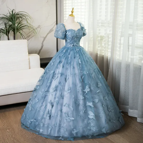 Elegant Pool Blue Lace Butterfly Prom Dresses 2024 Ball Gown Square Neckline Puffy Short Sleeve Backless Floor-Length / Long Prom Formal Dresses