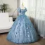 Elegant Pool Blue Lace Butterfly Prom Dresses 2024 Ball Gown Square Neckline Puffy Short Sleeve Backless Floor-Length / Long Prom Formal Dresses