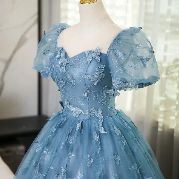 Elegant Pool Blue Lace Butterfly Prom Dresses 2024 Ball Gown Square Neckline Puffy Short Sleeve Backless Floor-Length / Long Prom Formal Dresses
