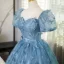 Elegant Pool Blue Lace Butterfly Prom Dresses 2024 Ball Gown Square Neckline Puffy Short Sleeve Backless Floor-Length / Long Prom Formal Dresses